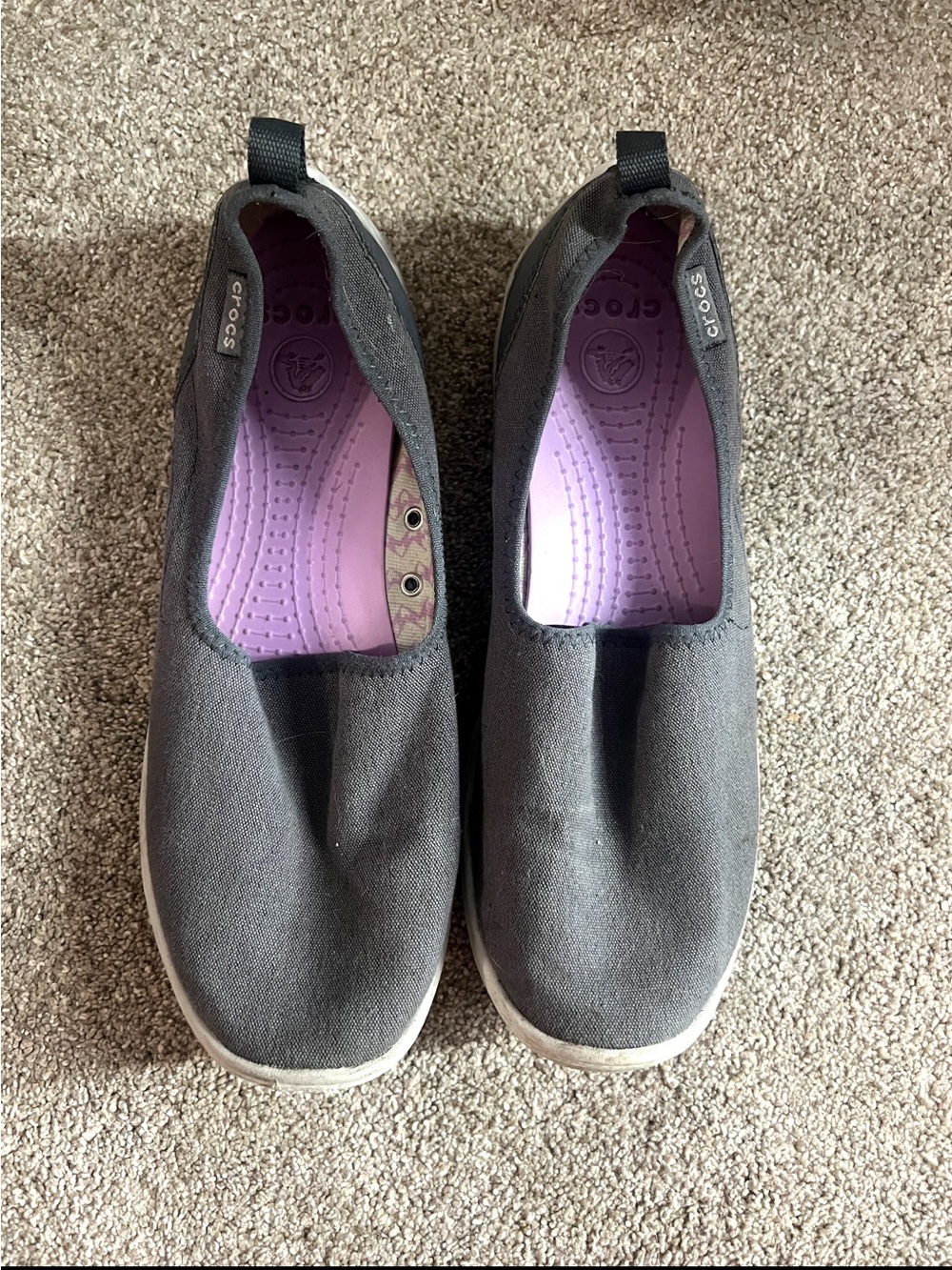 CROCS Women’s Slip-On Canvas Moccasins in Charcoal with Purple Insole